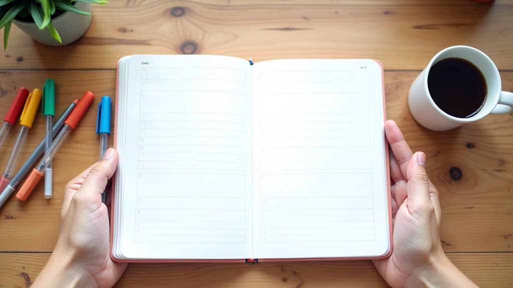 Notebook with daily habit tracking grid and colorful pen on wooden desk