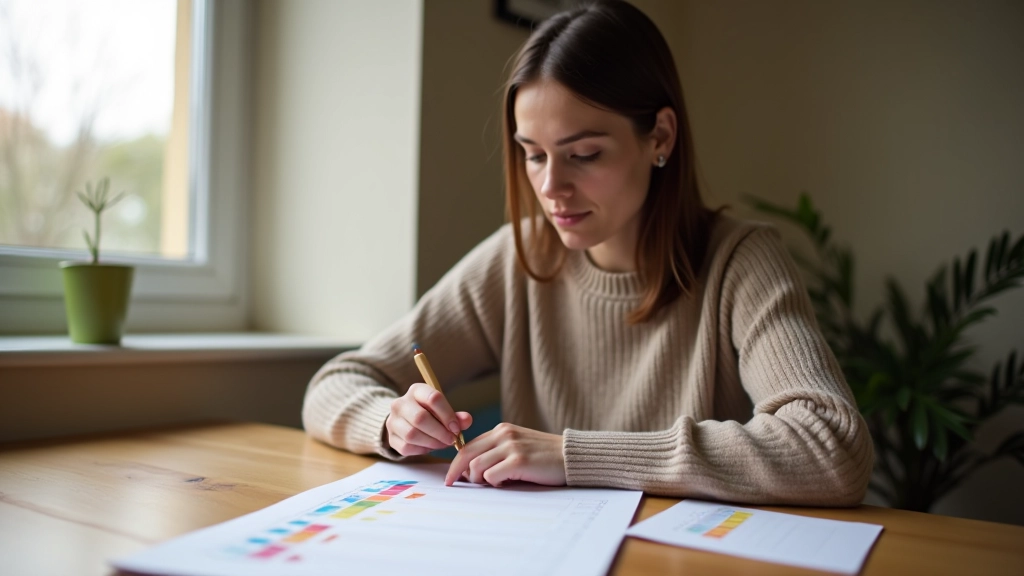 Person sitting at desk reviewing habit tracking sheet with checkmarks and notes in morning light